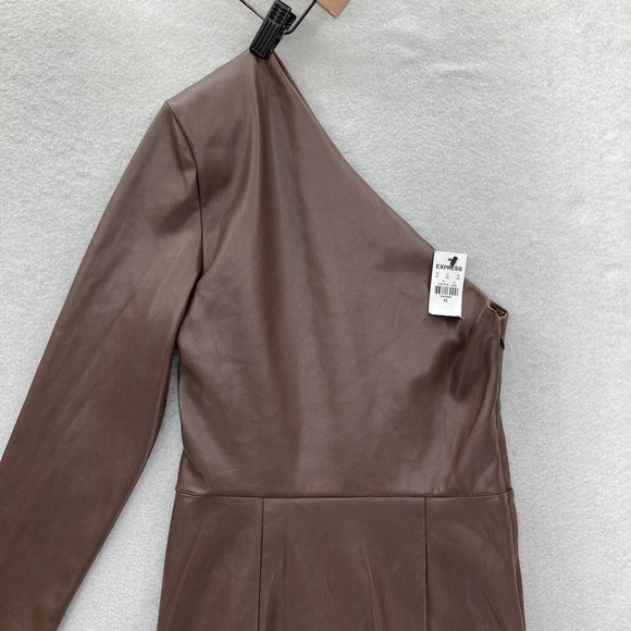 Express Brown Faux Leather One Shoulder Bodycon Dress XS Long Sleeve Party NWT - Picture 12 of 14